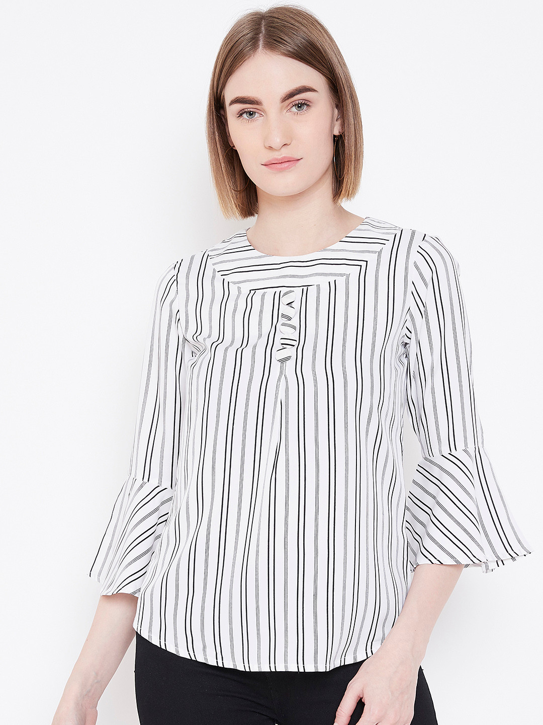 Deewa Women White & Black Striped Regular Top