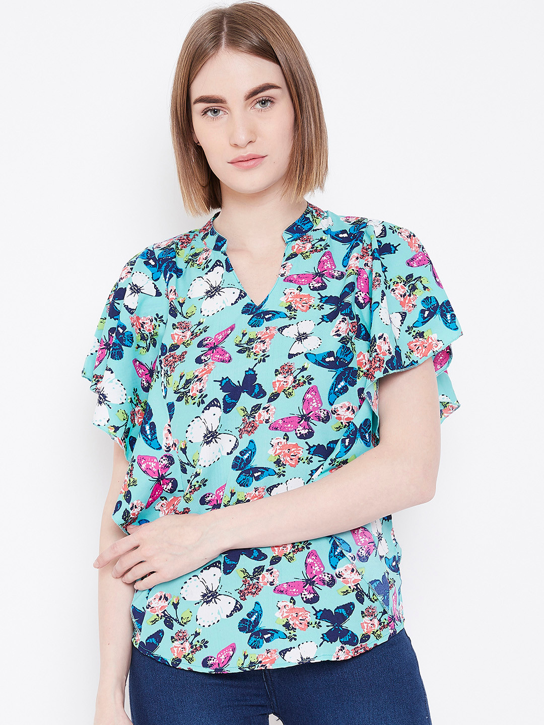 Deewa Women Blue & Pink Butterfly Print Top