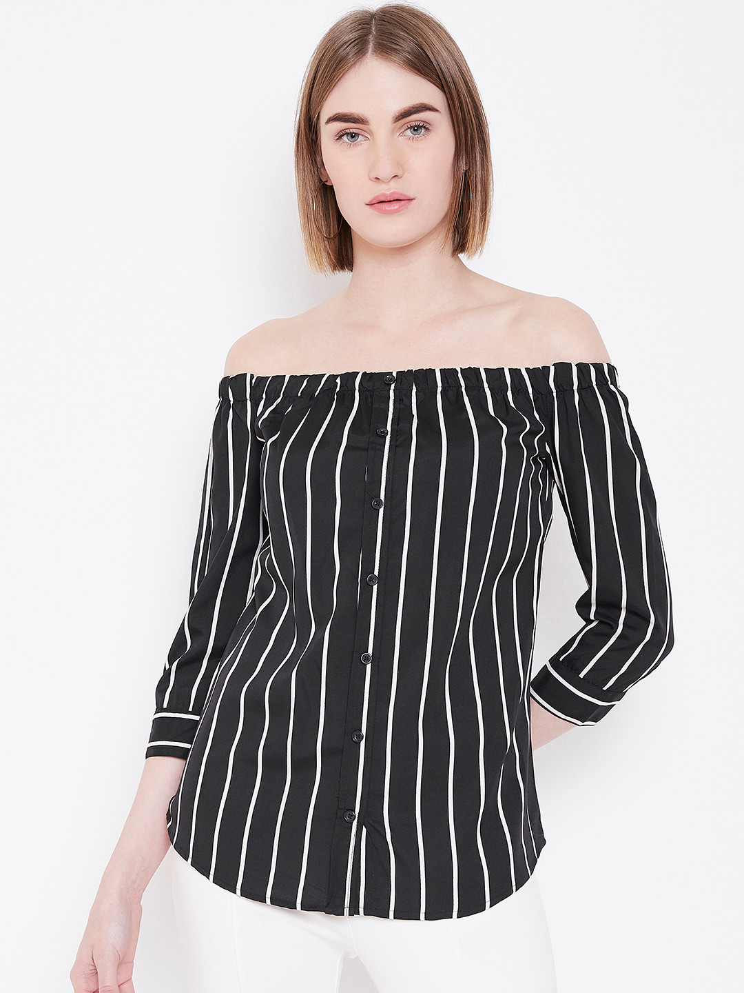 Deewa Women Black & White Striped Bardot Top