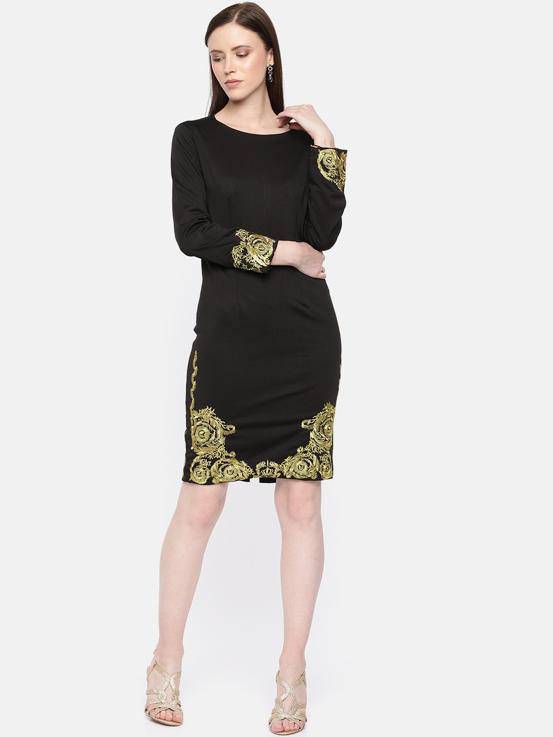 JC Collection Women Black & Golden Embroidered Sheath Dress