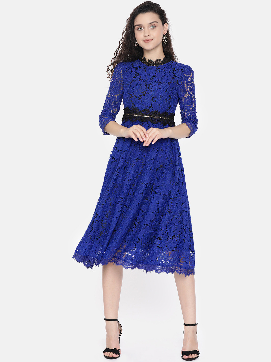JC Collection Women Blue Self Design Fit and Flare Lace Dress