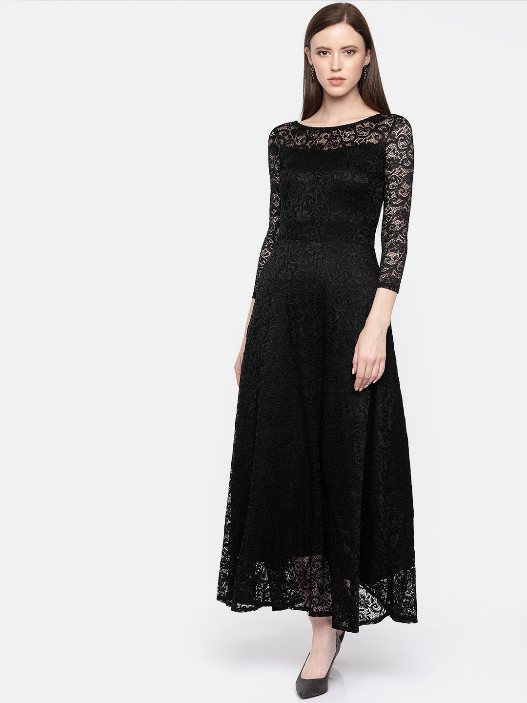 JC Collection Women Black Self Design Maxi Dress with Lace Inserts