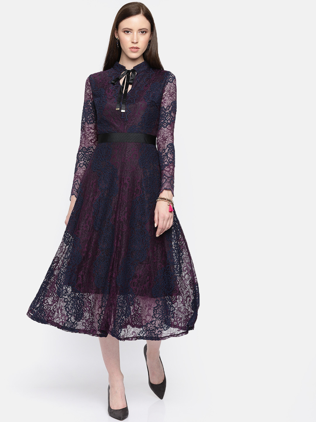 JC Collection Women Purple & Navy Blue Self Design Fit and Flare Dress with Lace Inserts