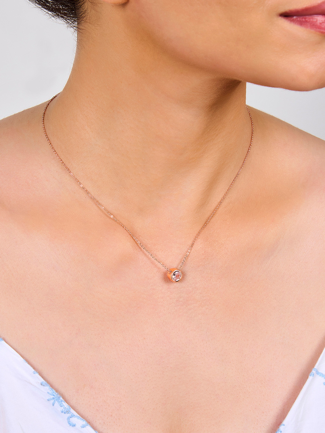 AQUASTREET Rose Gold-Plated & Cubic Zirconia Studded Pendant With Chain