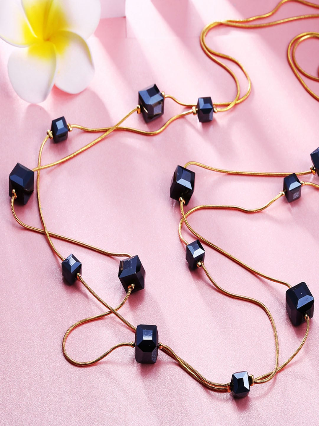 Gold Plated Black Crystal Long Gold Plated Necklace Chain