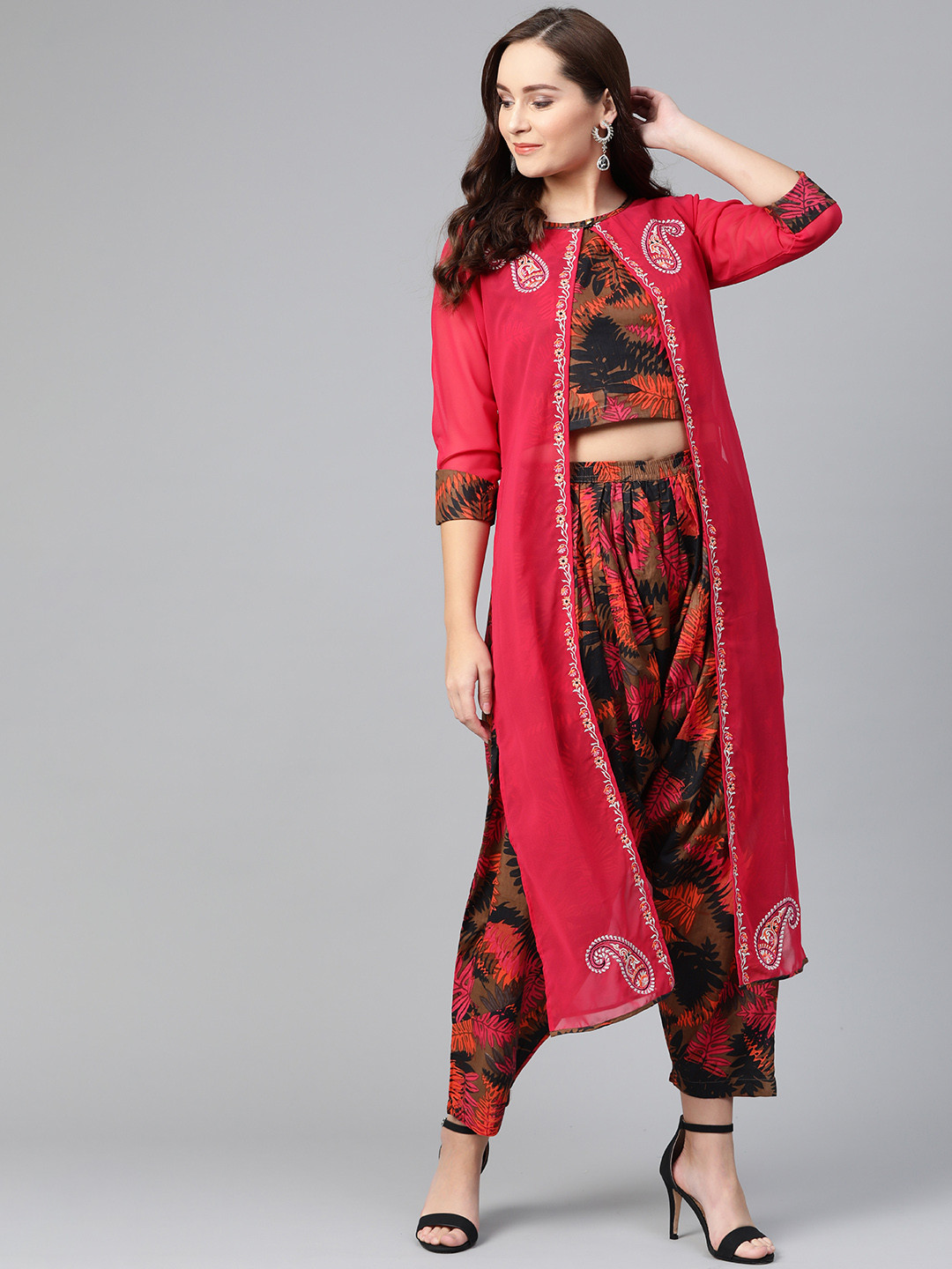 Pannkh Women Brown & Pink Printed Top with Dhoti Pants & Layer
