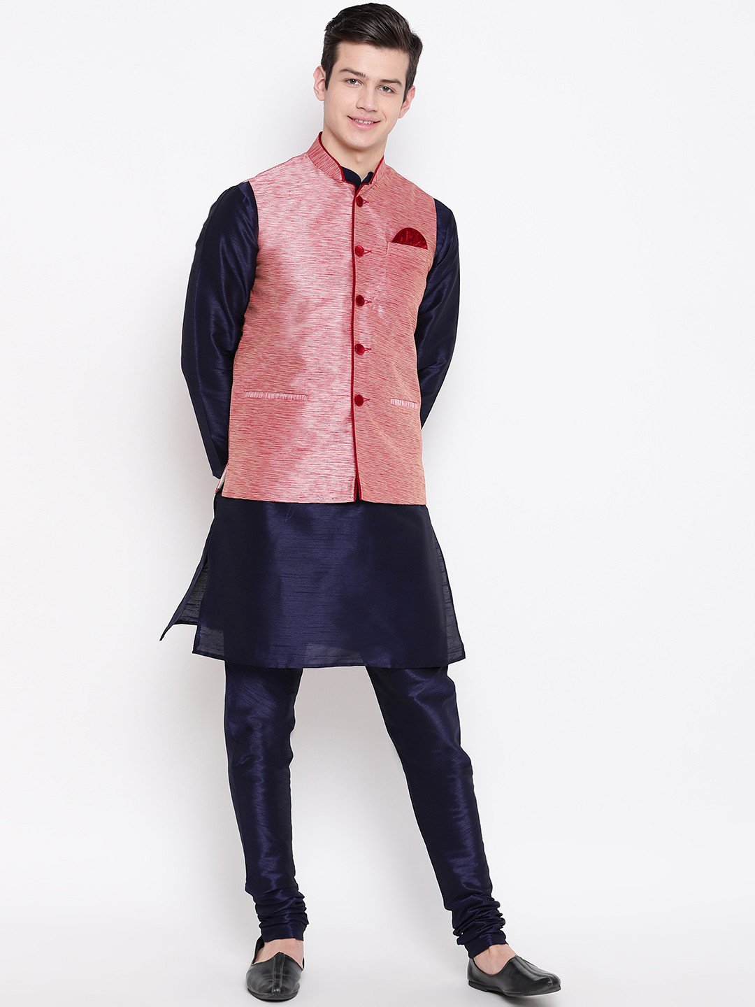 MAG Men Navy Blue & Pink Solid Kurta with Churidar & Nehru Jacket