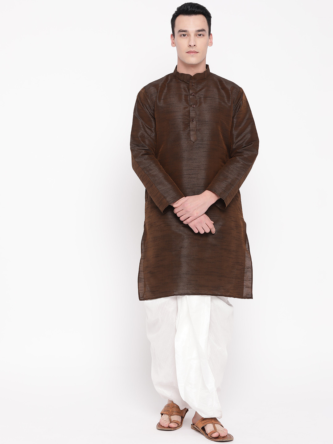 MAG Men Brown & White Solid Kurta with Dhoti Pants