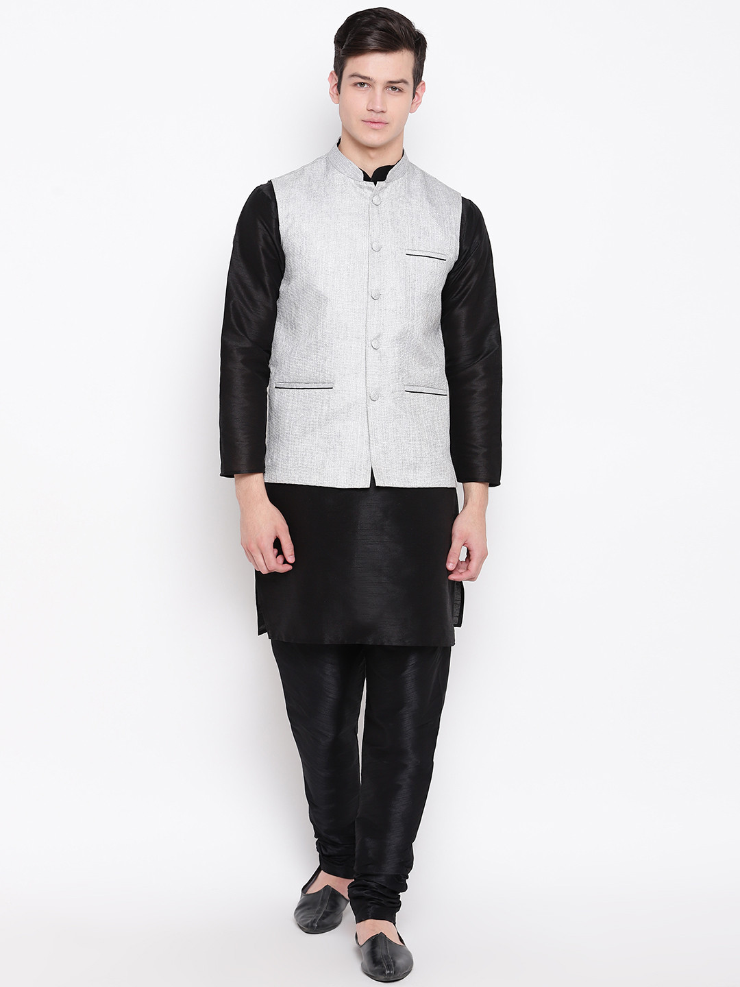 MAG Men Black & Grey Solid Kurta with Churidar & Nehru Jacket