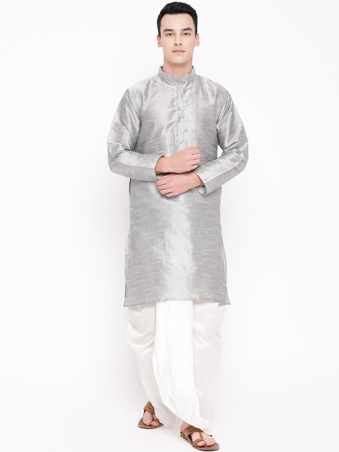 MAG Men Grey Regular Dupion Silk Kurta with Dhoti Pants