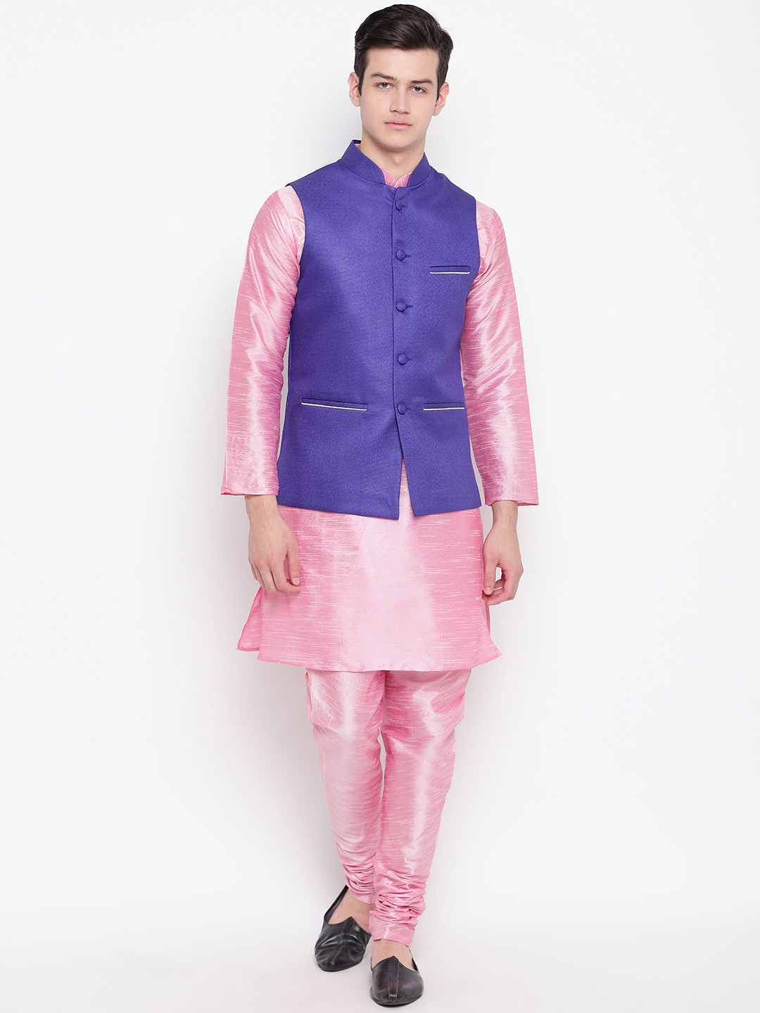 MAG Men Pink & Blue Solid Kurta with Churidar & Nehru Jacket