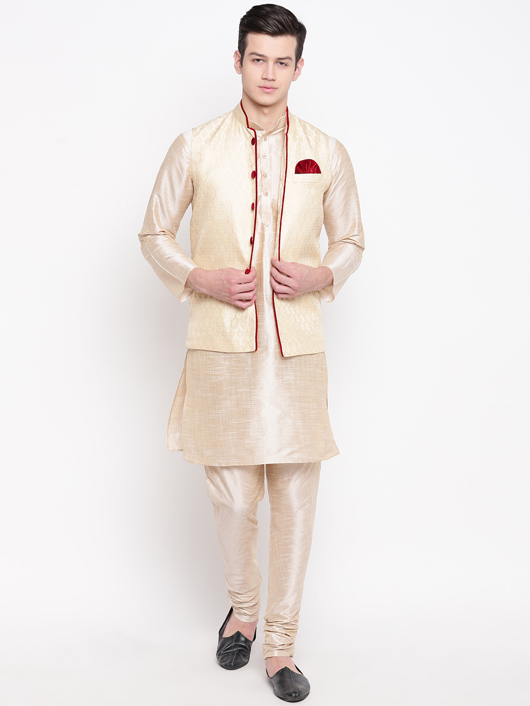 MAG Men Beige & Cream-Coloured Solid Kurta with Churidar & Nehru Jacket