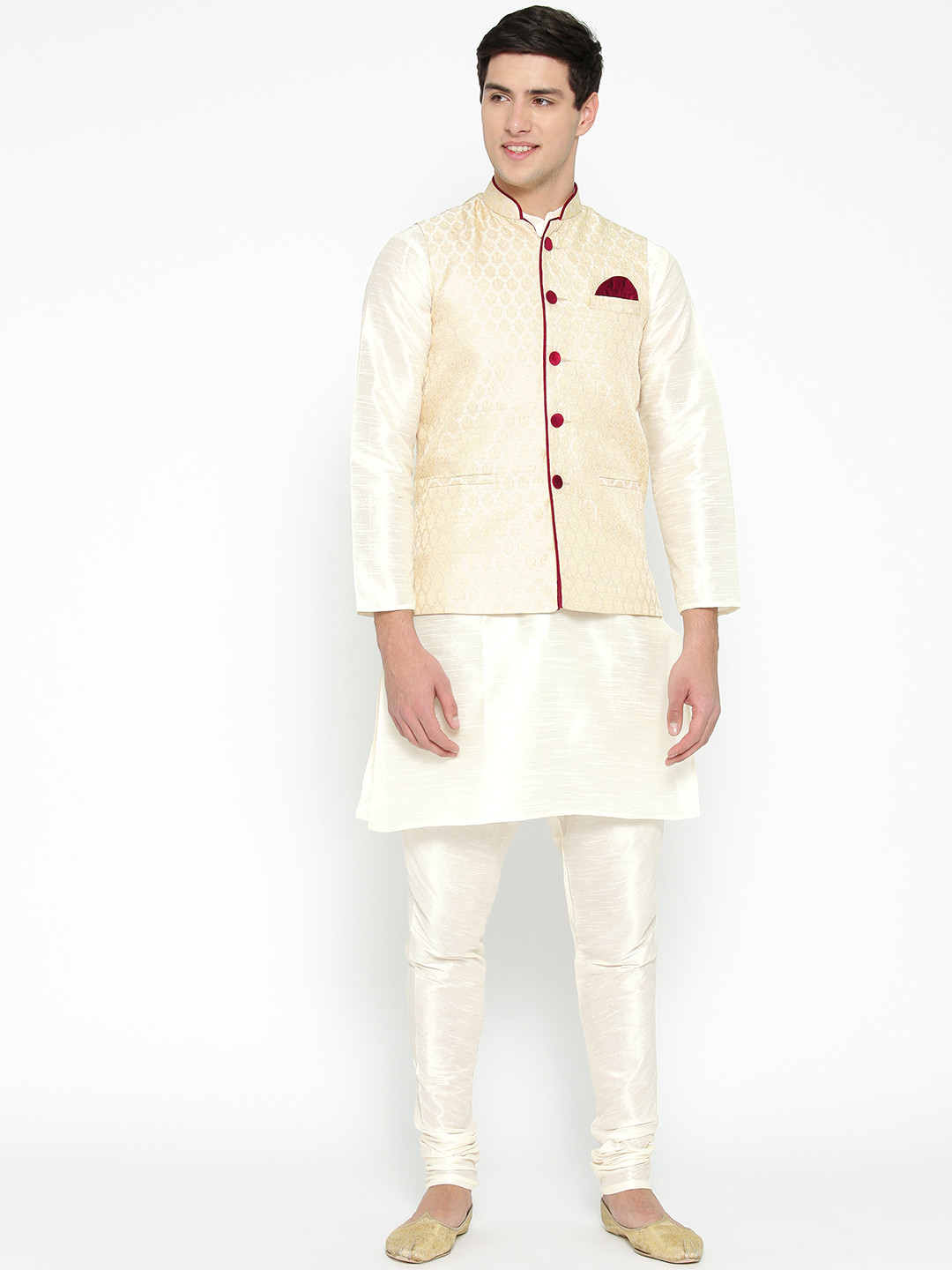 MAG Men White & Cream-Coloured Solid Kurta with Churidar & Nehru Jacket