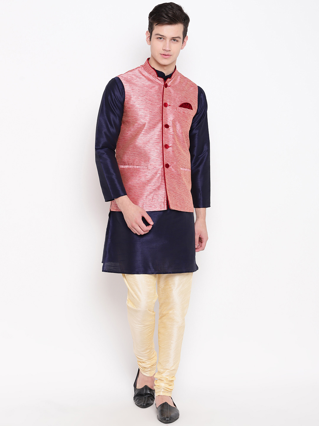 MAG Men Navy Blue & Cream-Coloured Solid Kurta with Churidar & Nehru Jacket
