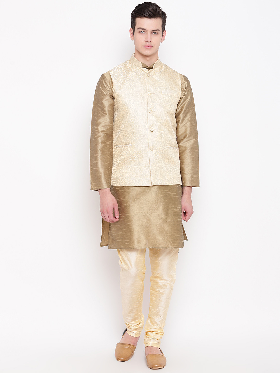 MAG Men Beige & Cream-Coloured Solid Kurta with Churidar & Nehru Jacket