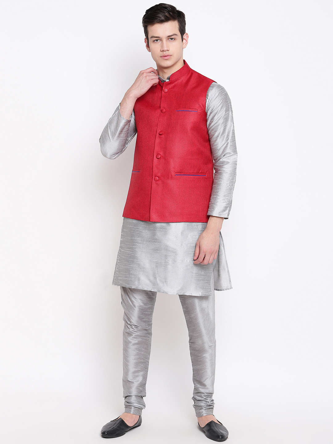 MAG Men Silver Solid Kurta with Churidar & Nehru Jacket