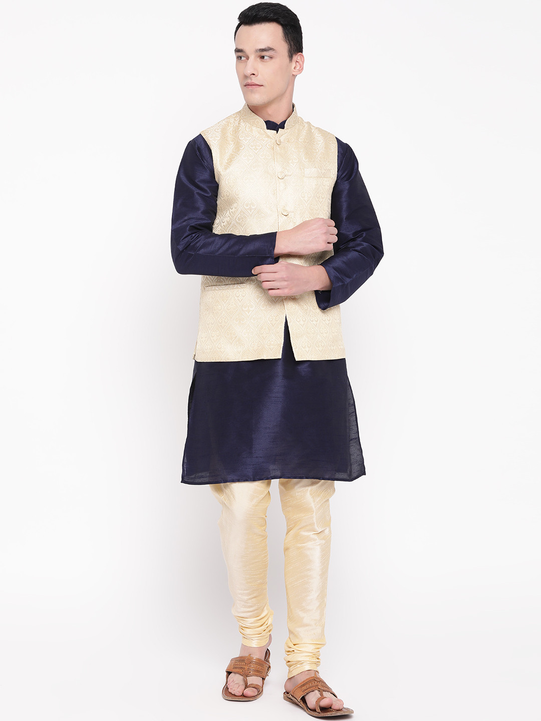 MAG Men Navy Blue & Cream-Coloured Solid Kurta with Churidar & Nehru Jacket
