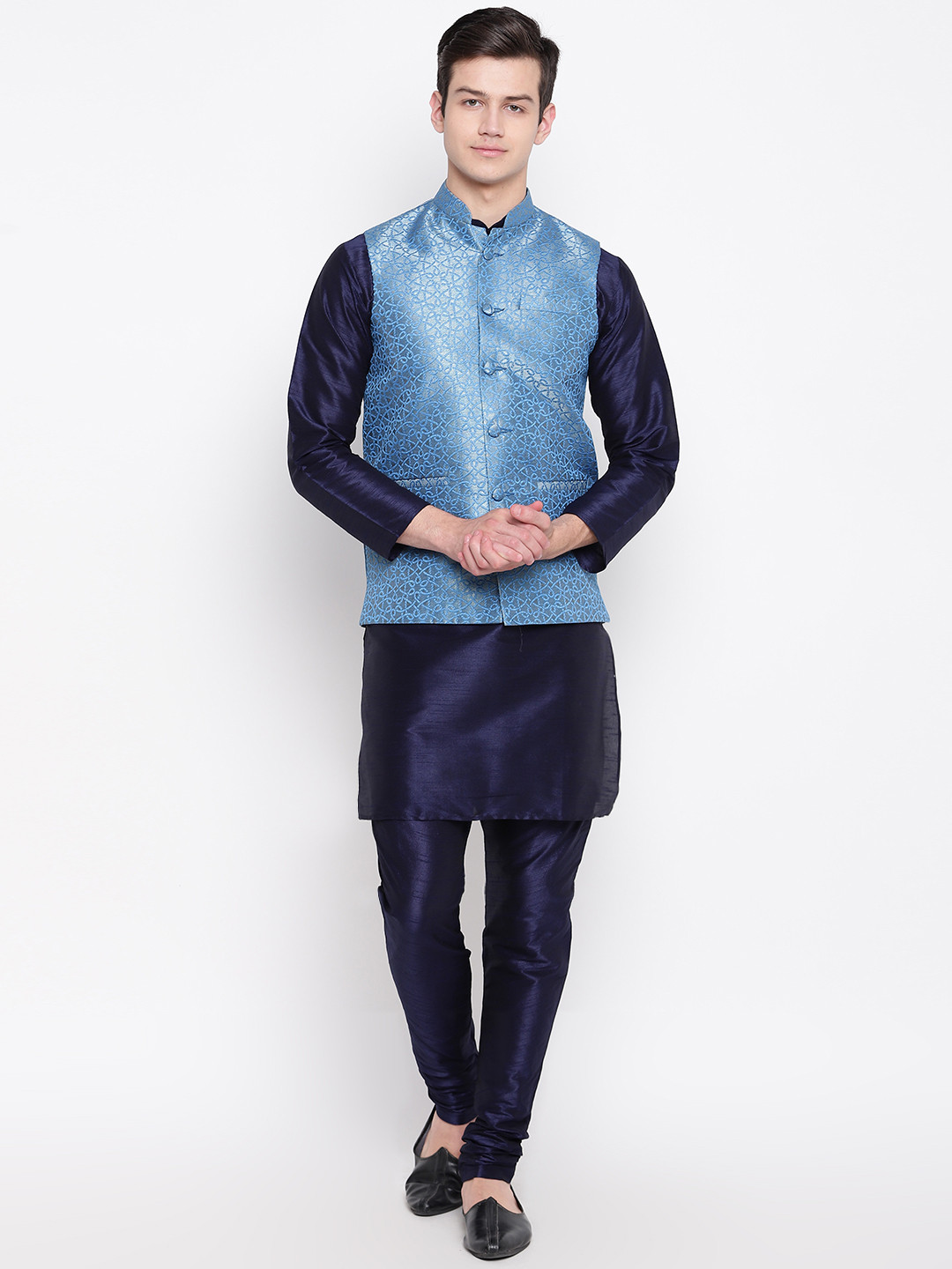 MAG Men Navy Blue Solid Kurta with Churidar with Nehru Jacket