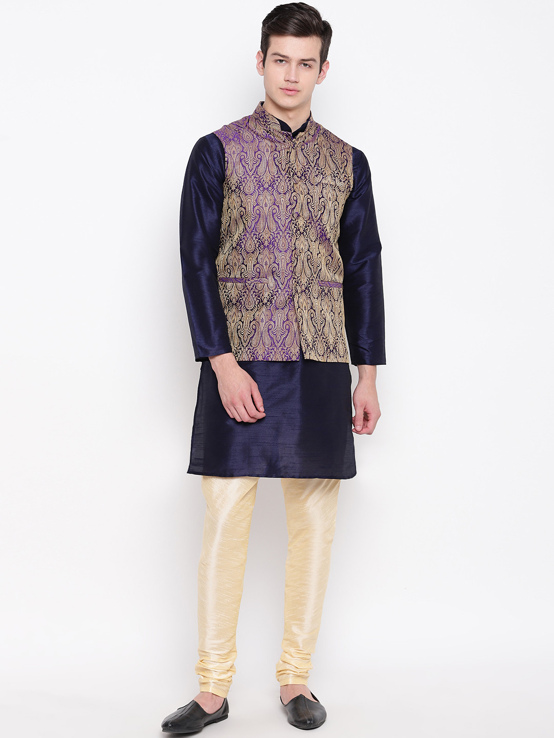 MAG Men Navy Blue & Golden Solid Kurta with Churidar & Nehru Jacket