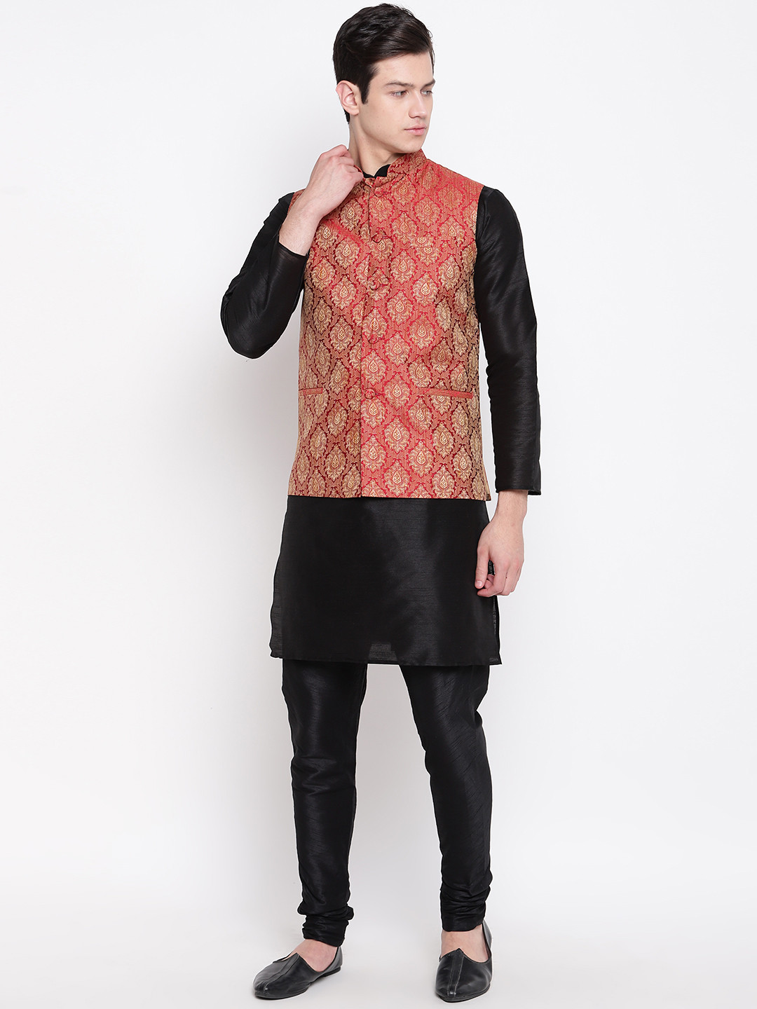 MAG Men Black & Maroon Self Design Kurta with Churidar & Nehru Jacket