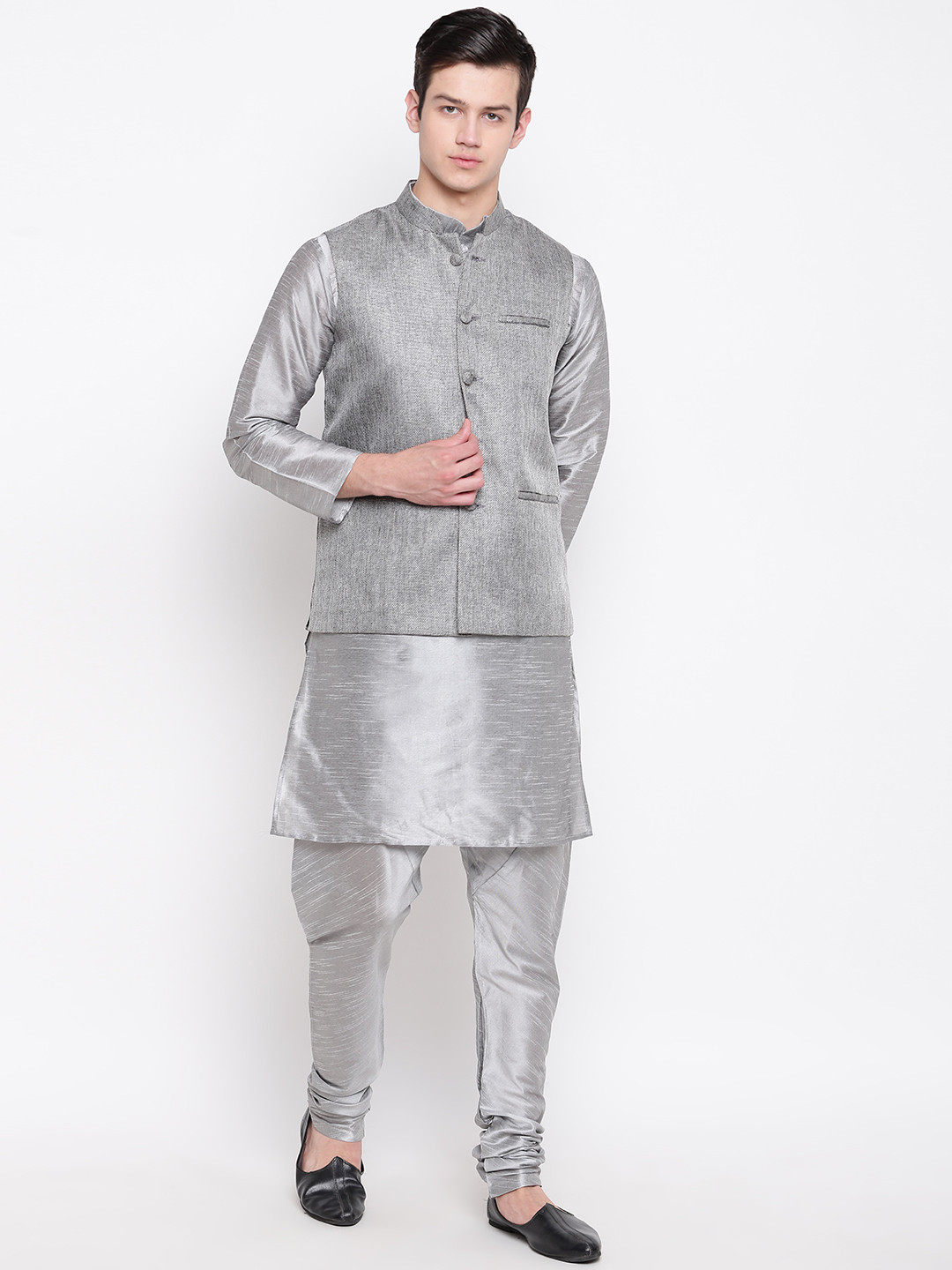 MAG Men Silver Self Design Kurta with Churidar & Jute Nehru Jacket