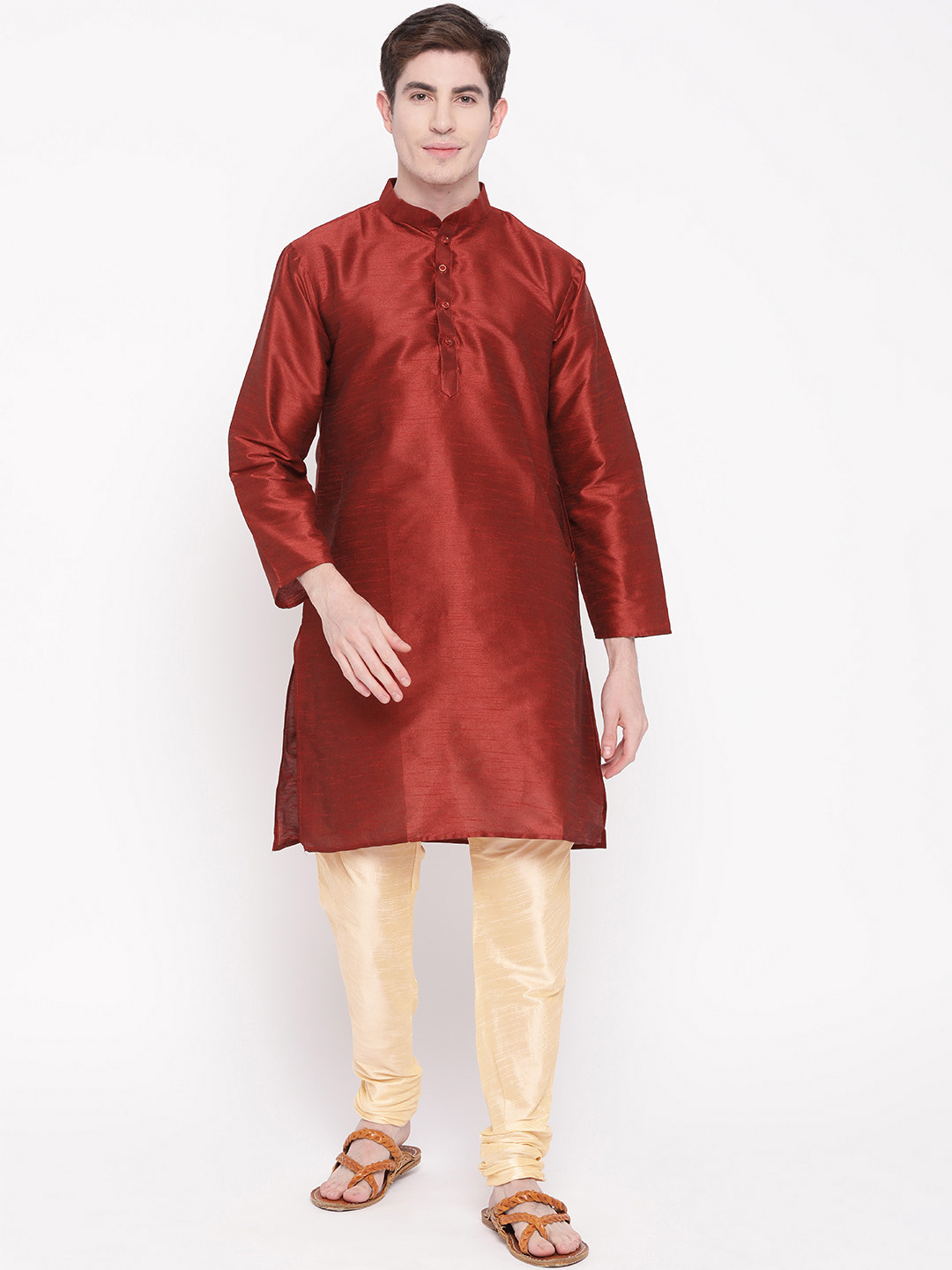 MAG Men Maroon & Cream-Coloured Solid Kurta with Churidar