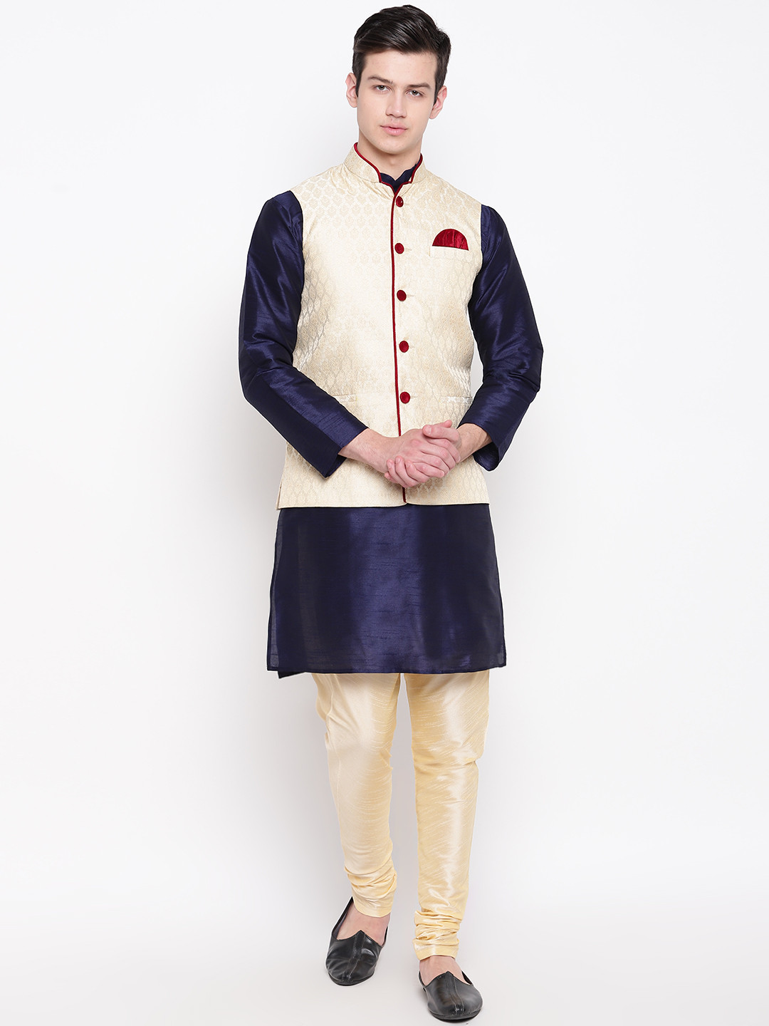 MAG Men Navy Blue & Cream-Coloured Solid Kurta with Churidar & Nehru Jacket