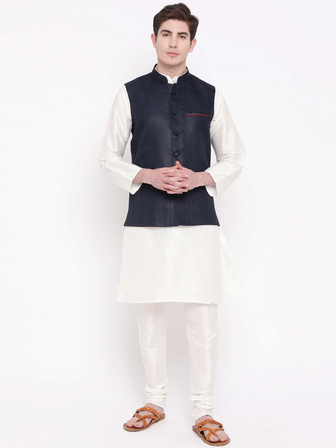 MAG Men White & Navy Blue Solid Kurta with Churidar & Nehru Jacket