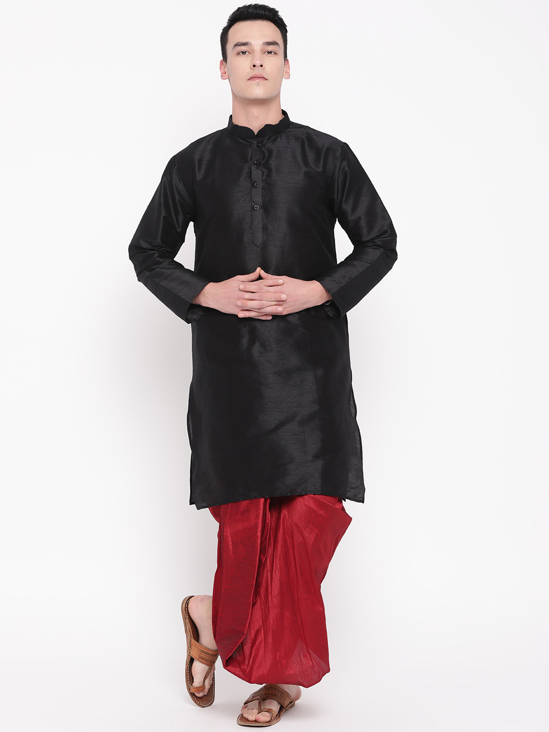 MAG Men Black & Maroon Solid Kurta with Dhoti Pants