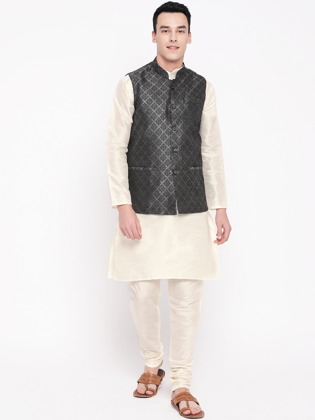 MAG Men Cream-Coloured & Charcoal Grey Solid Kurta with Churidar & Nehru Jacket