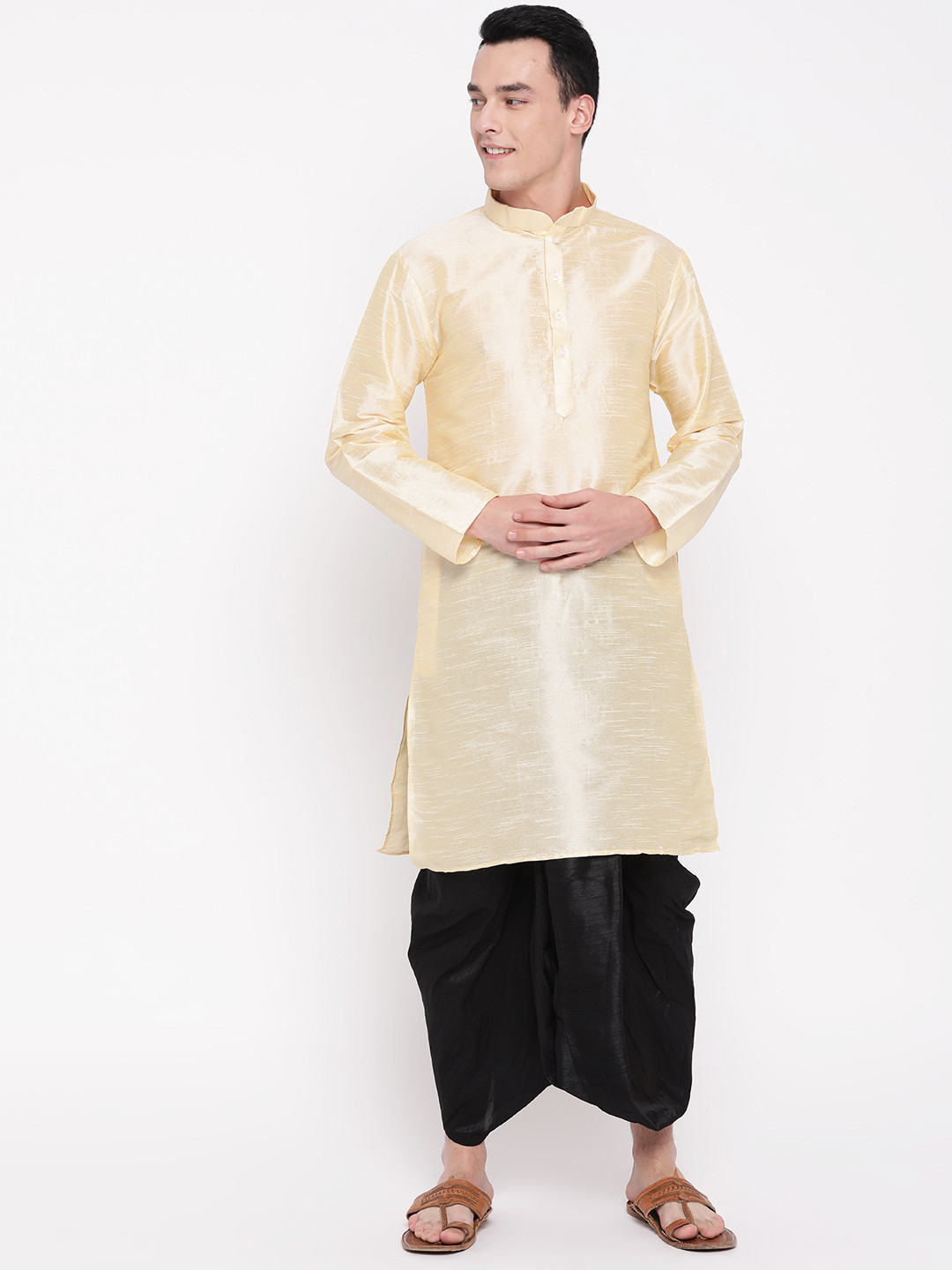 MAG Men Cream-Coloured & Black Solid Kurta with Dhoti Pants