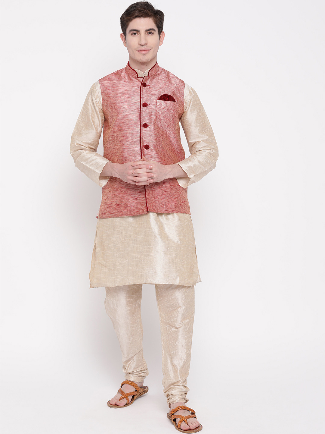 MAG Men Beige & Red Solid Kurta with Churidar & Nehru Jacket