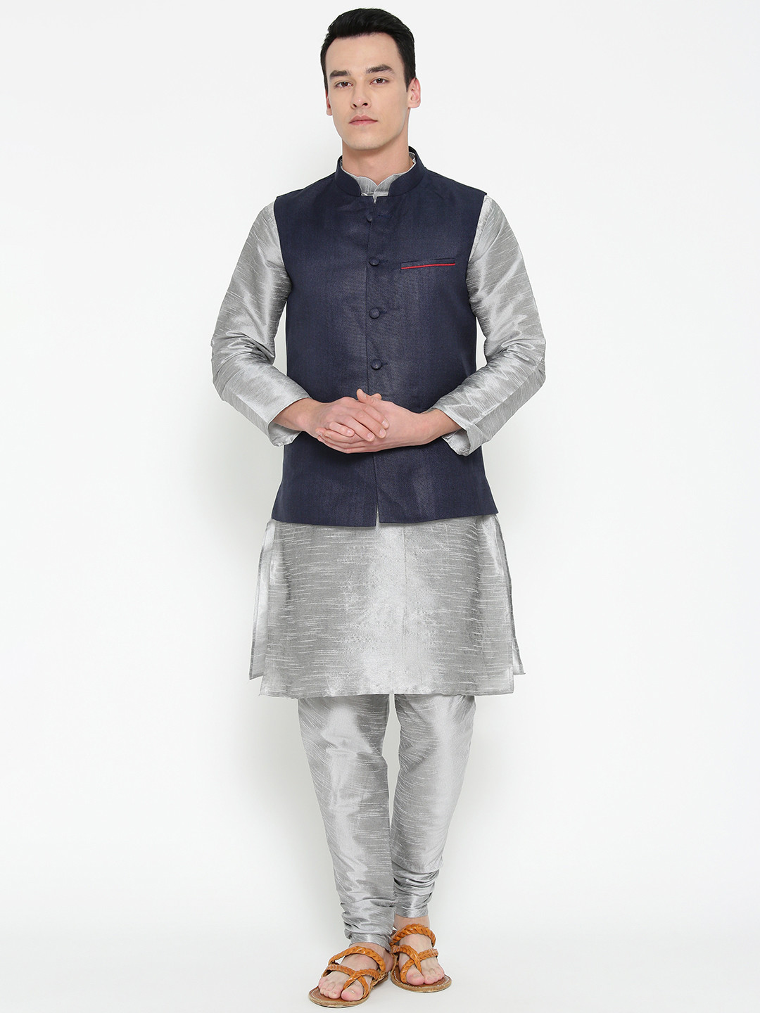 MAG Men Grey & Navy Blue Solid Kurta with Churidar with Nehru Jacket