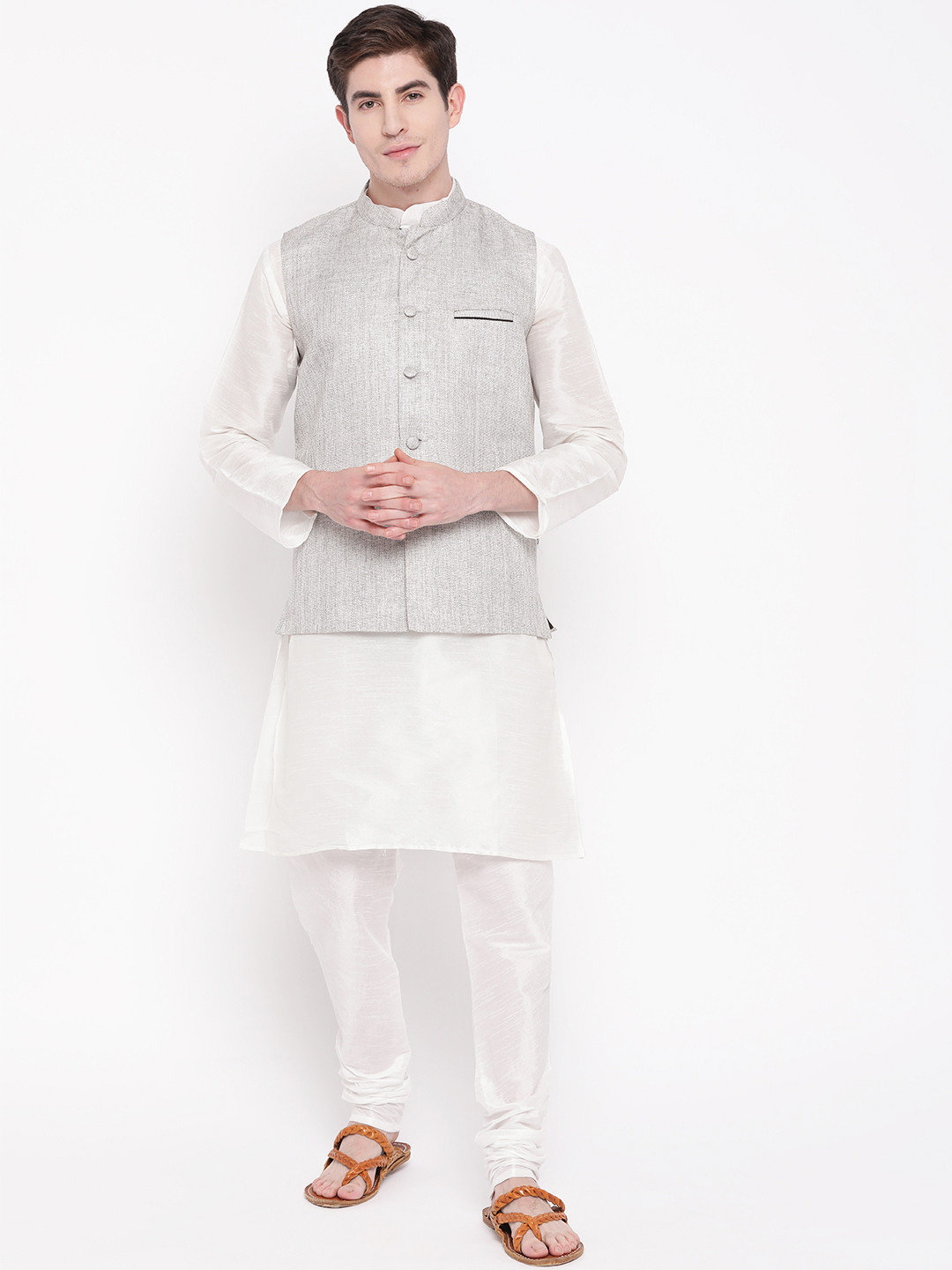 MAG Men White Solid Kurta with Churidar