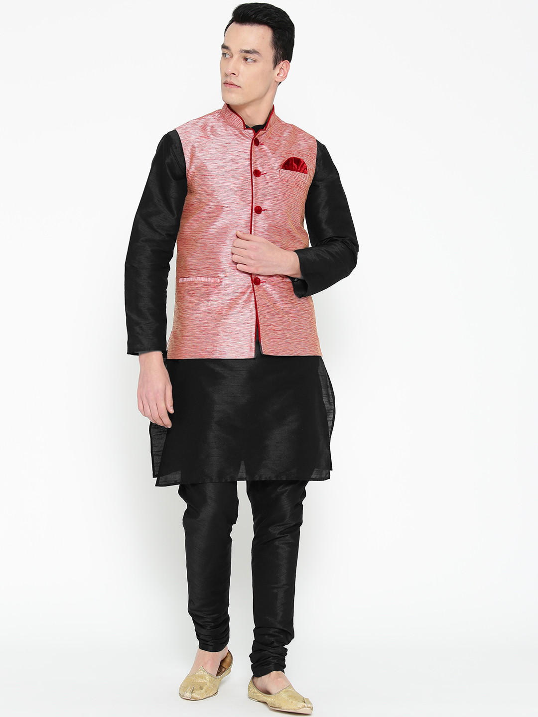 MAG Men Black Solid Kurta with Churidar & Nehru Jacket