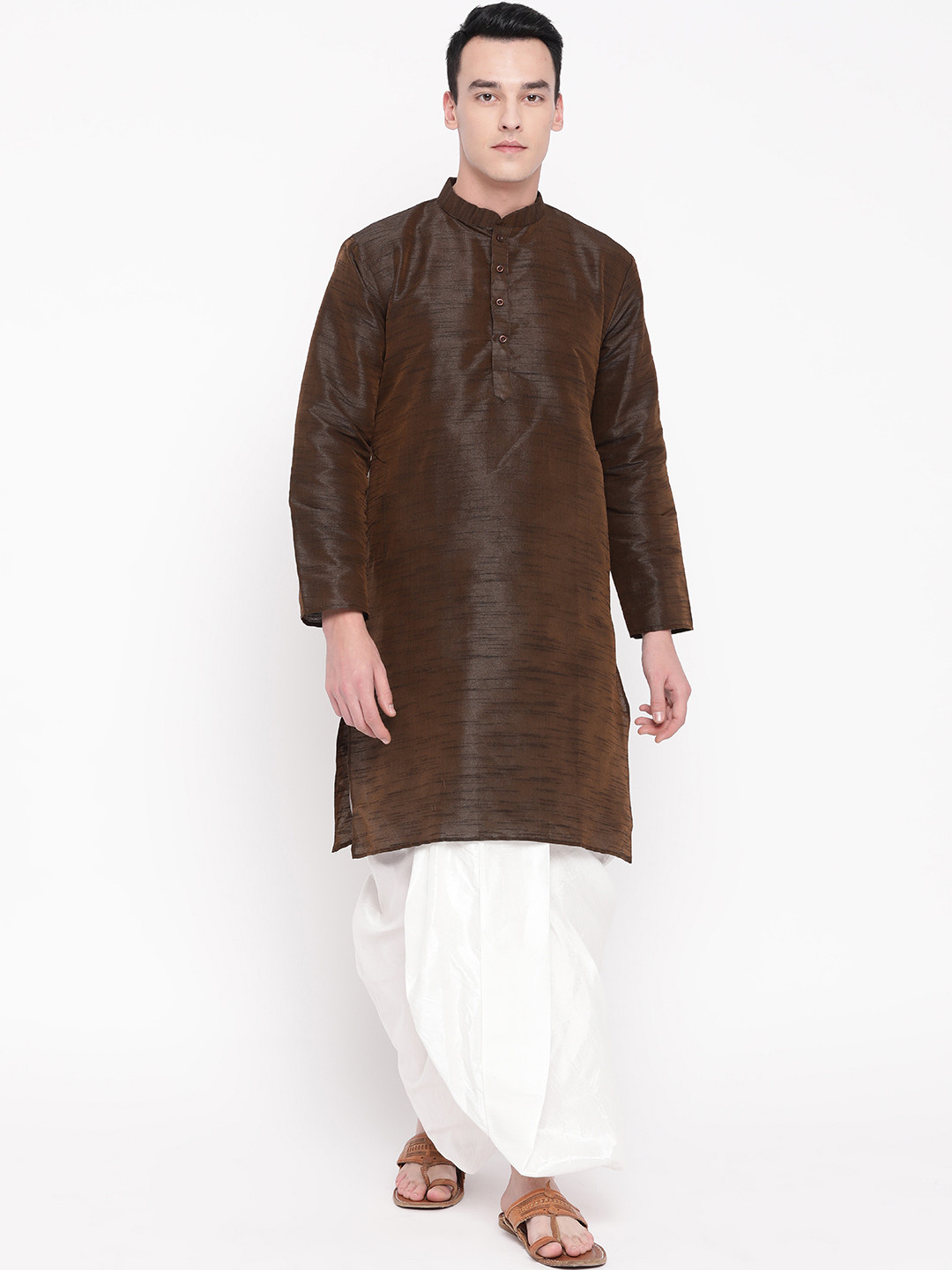 MAG Men Coffee Brown & White Self Design Kurta with Dhoti Pants