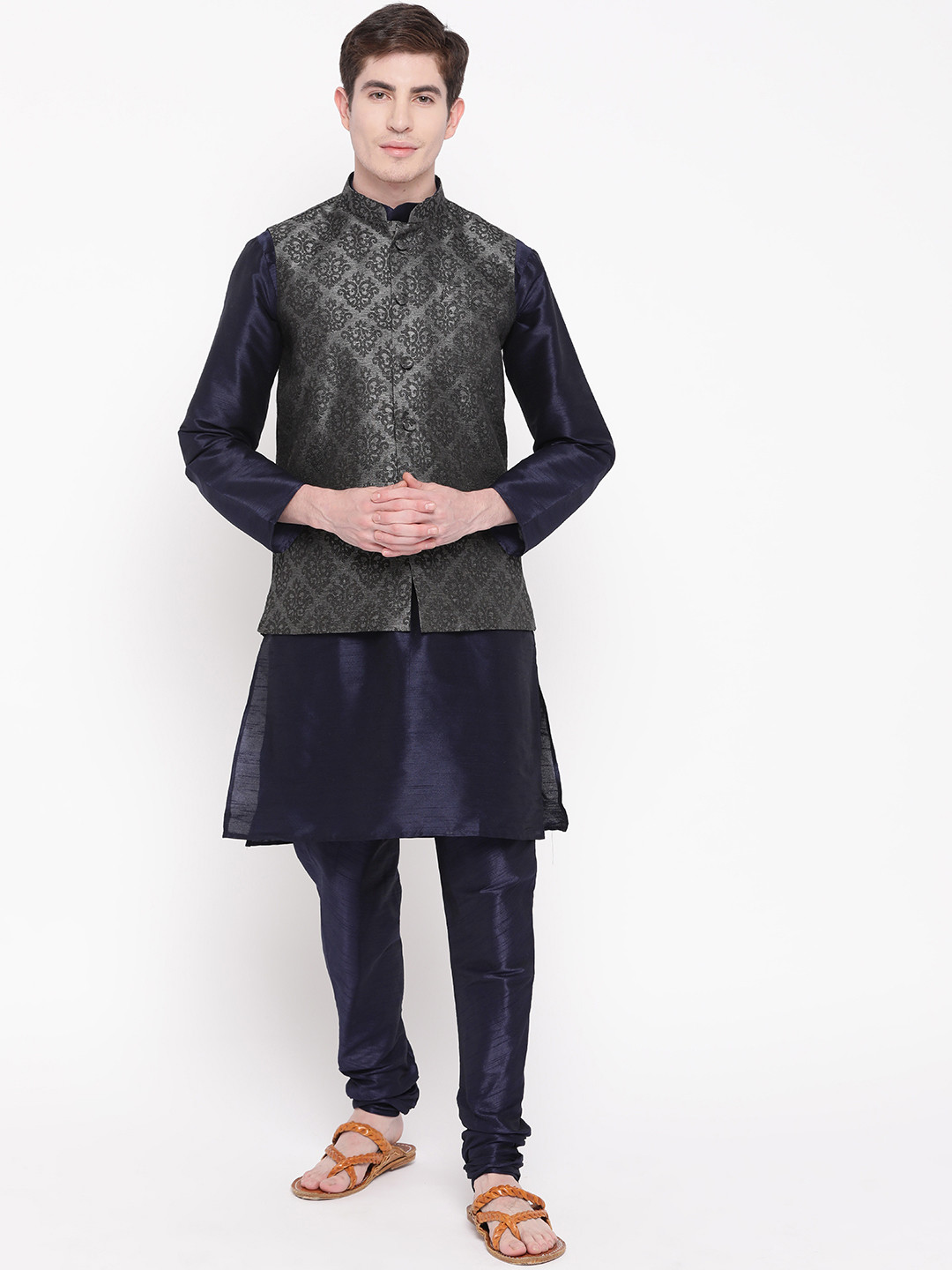 MAG Men Navy Blue & Charcoal Grey Solid Kurta with Churidar & Nehru Jacket