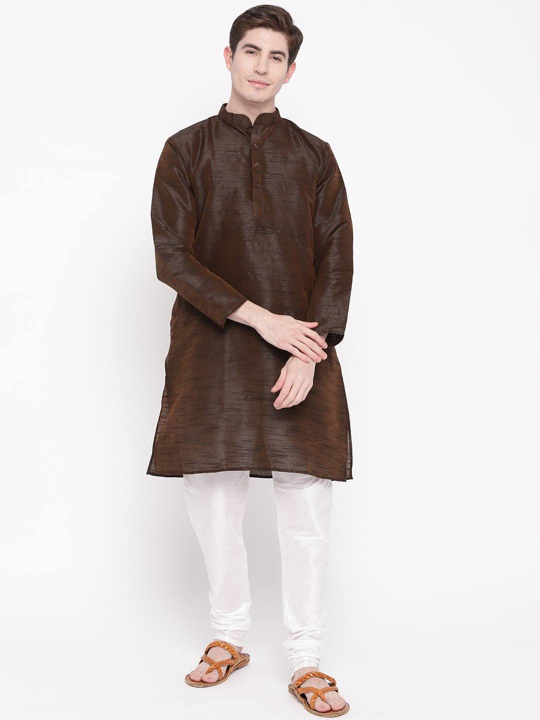 MAG Men Brown & White Solid Kurta with Churidar