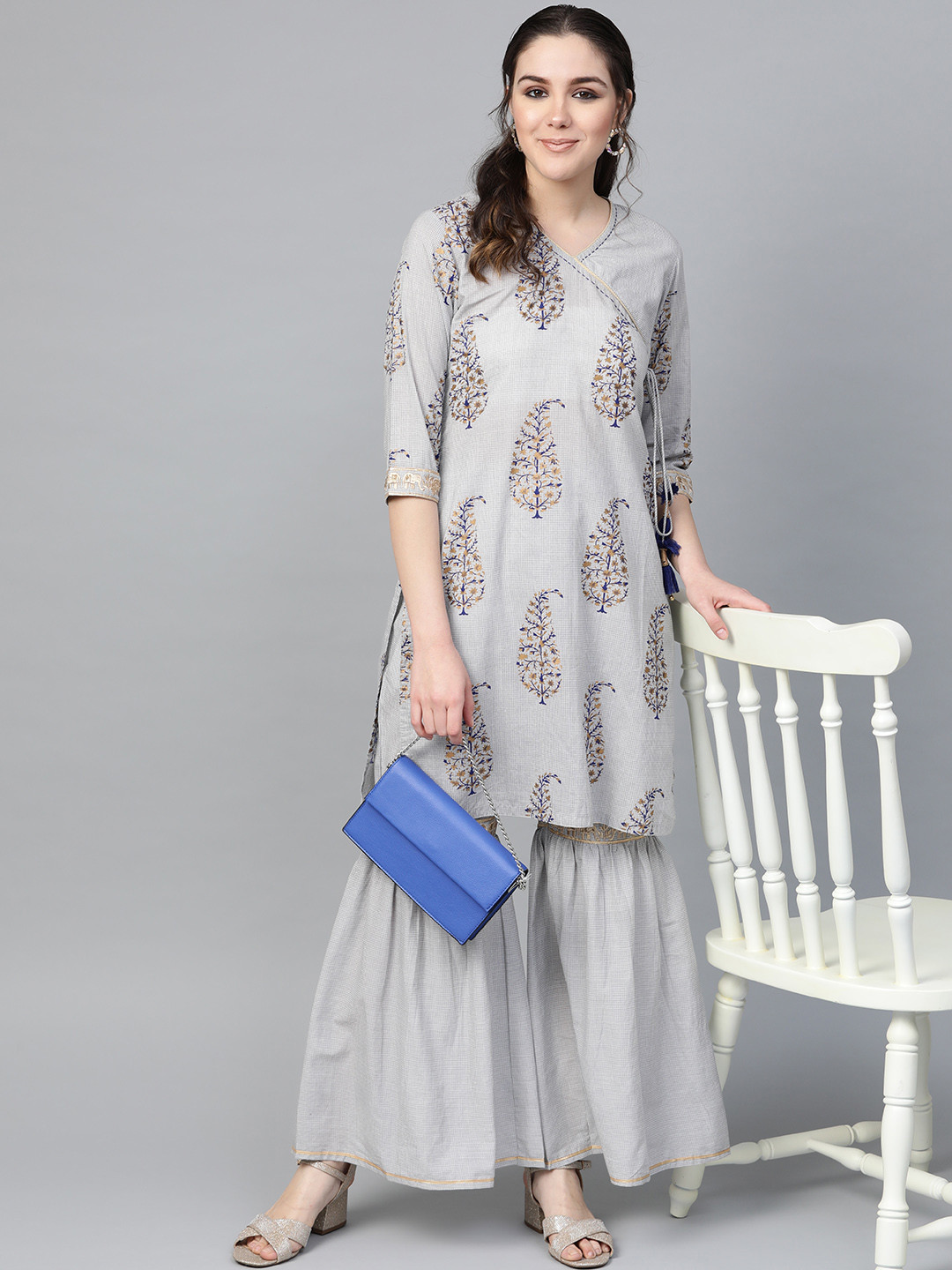 Varanga Women Grey & Golden Angrakha Printed Kurti with Sharara