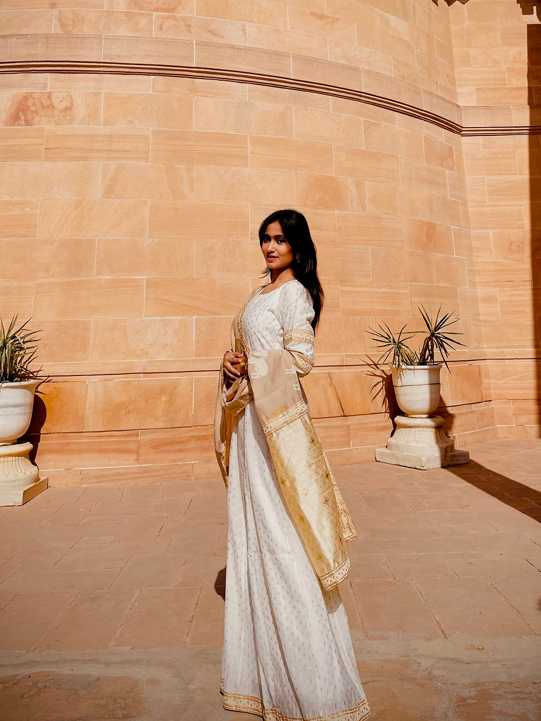 Ahalyaa Women Cream-Coloured Golden Printed Anarkali Dress with Dupatta