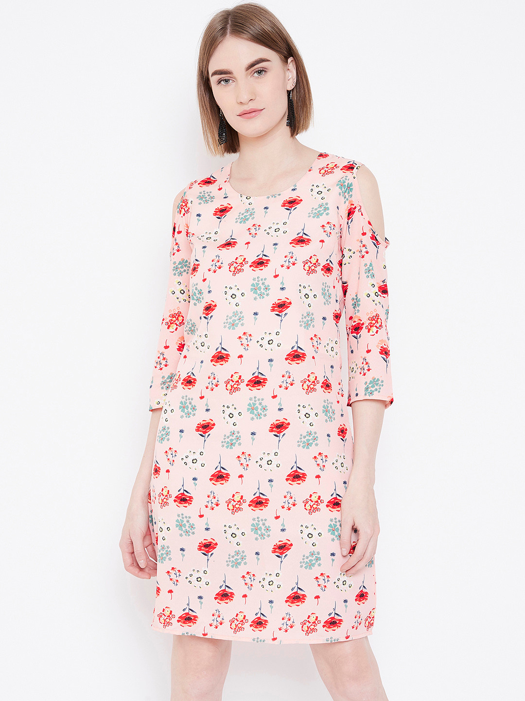Deewa Women Peach-Coloured & Red Cold-Shoulder Floral Printed A-Line Dress