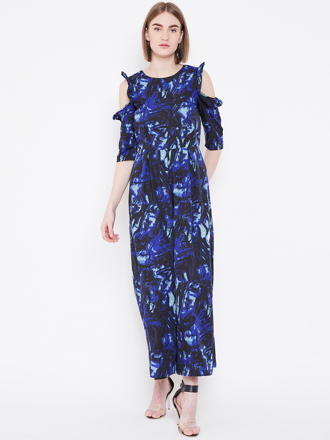 Deewa Women Blue & Black Printed Cold-Shoulder Basic Jumpsuit