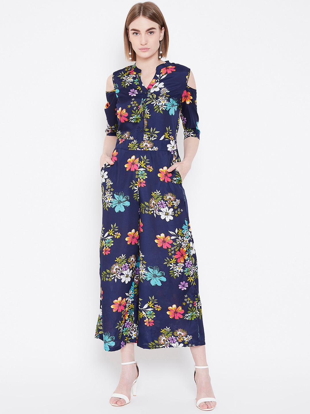 Deewa Women Navy Blue & Pink Printed Cold-Shoulder Basic Jumpsuit