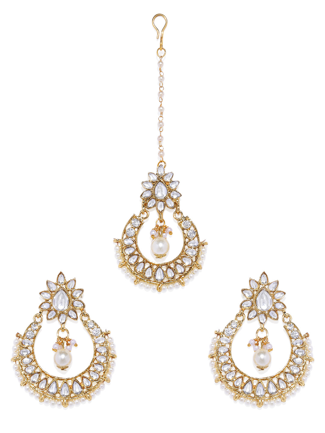 Kord Store Gold-Plated & White Maang Tikka with Earrings