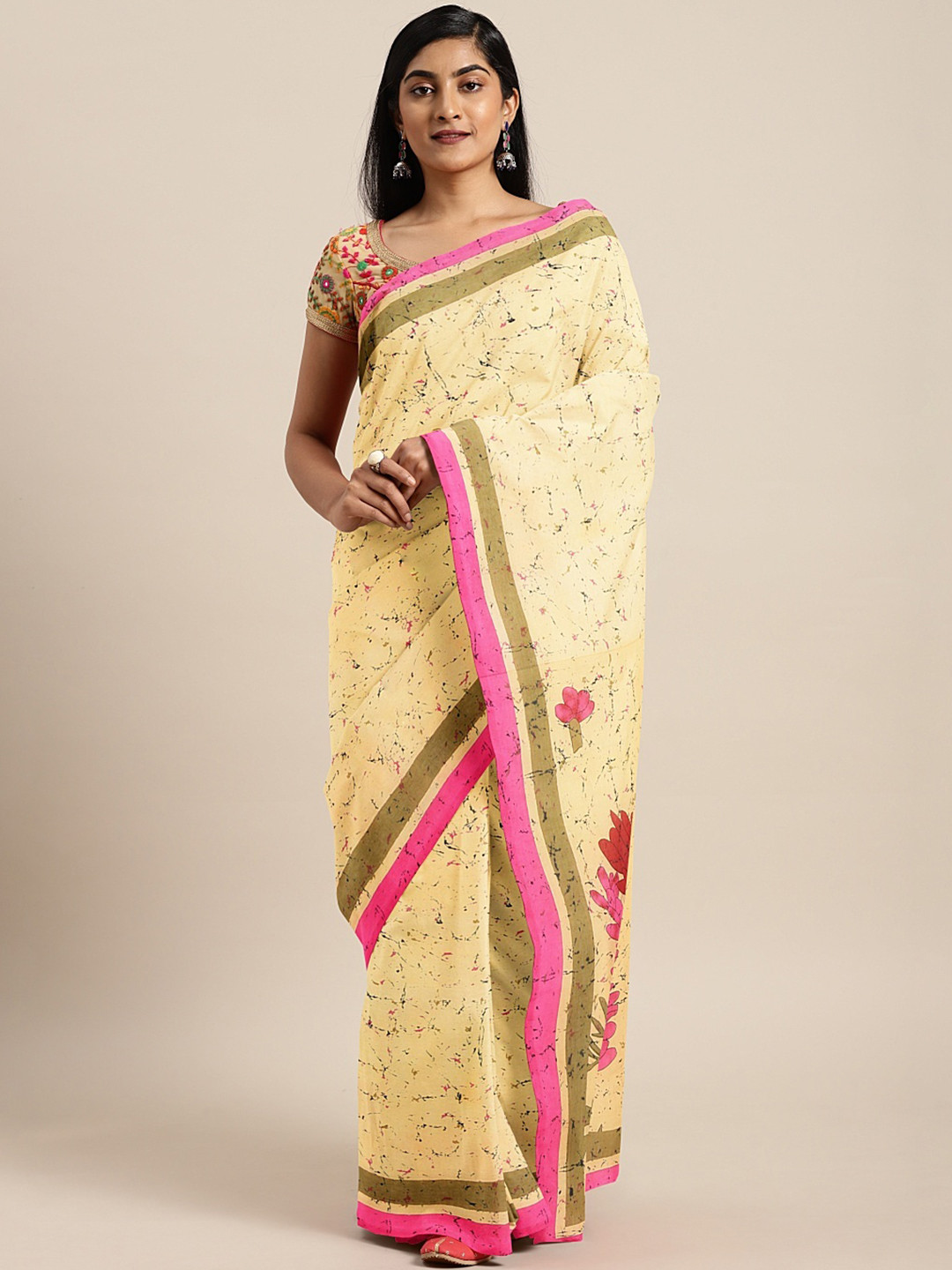 Kalakari India Yellow & Pink Pure Cotton Handcrafted Printed Bagru Sustainable Saree