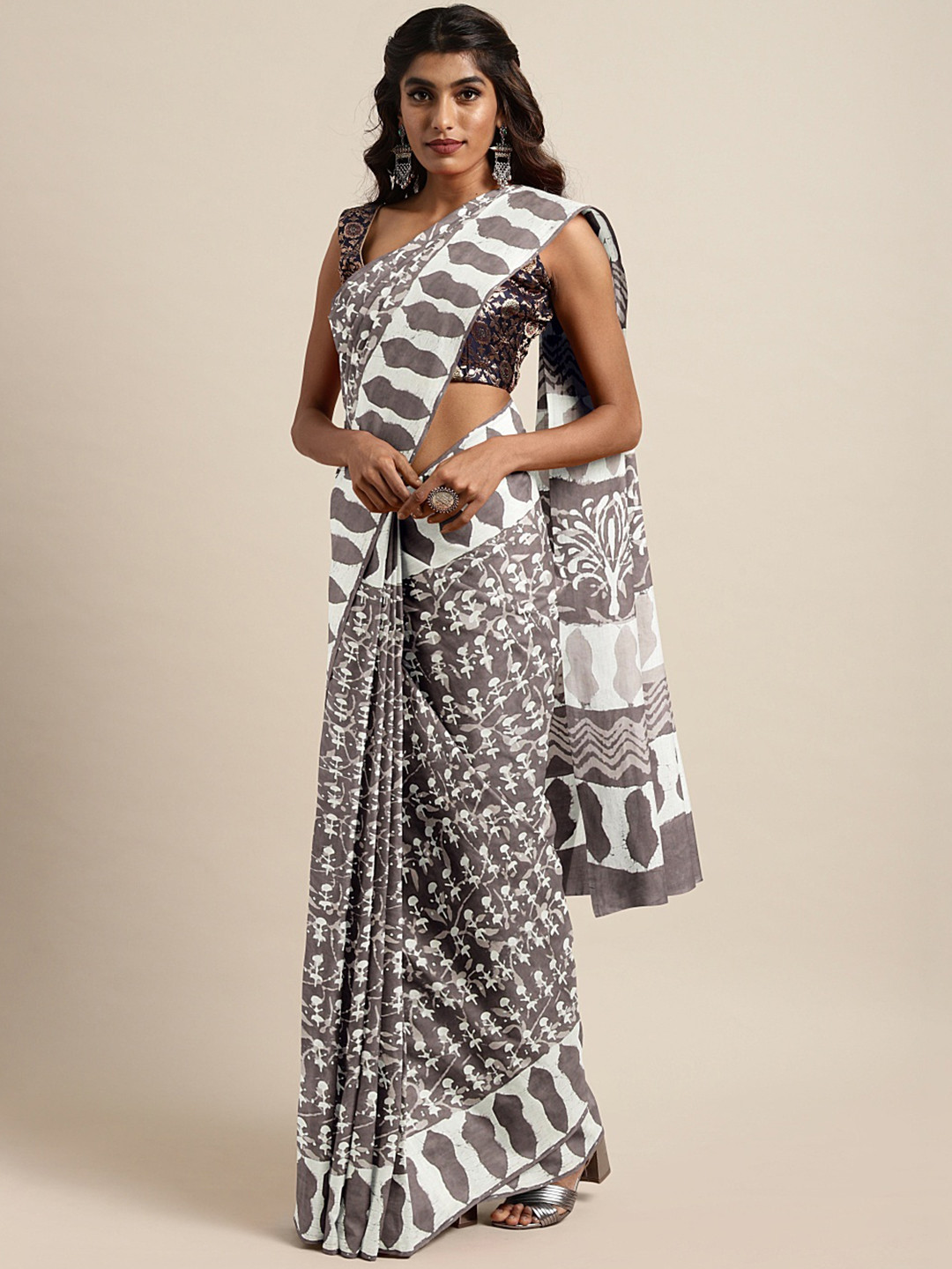 Kalakari India Brown & Beige Pure Cotton Hand Block Printed Handloom Dabu Sustainable Saree