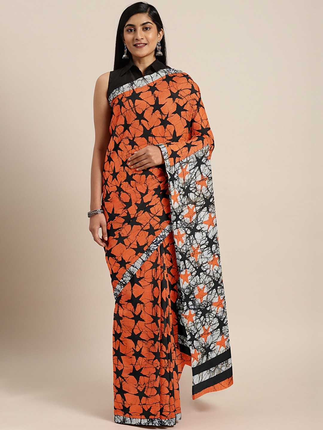 Kalakari India Orange & Black Handcrafted Printed Bagru Sustainable Saree