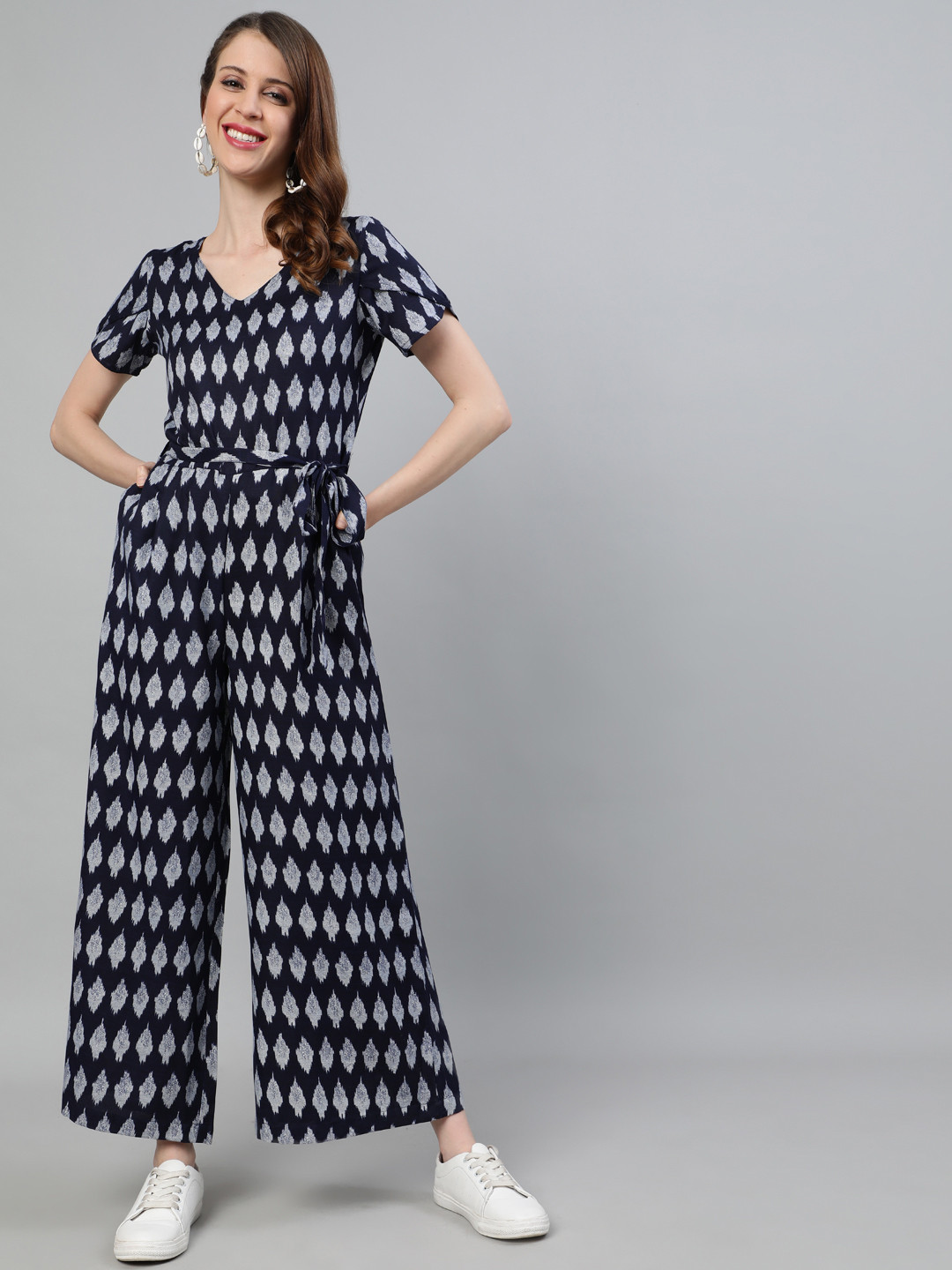 Jaipur Kurti Women Navy Blue & White Printed Basic Jumpsuit