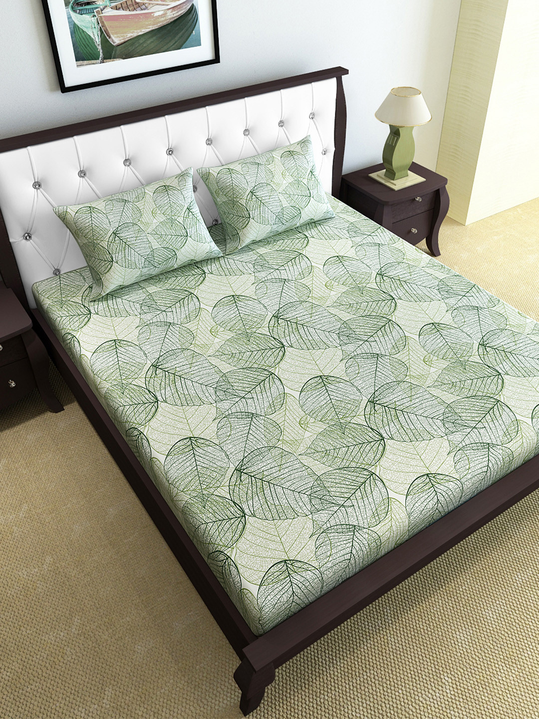 Divine Casa Green Leaf Pure Cotton 120 TC Queen Bedsheet with 2 Pillow Covers-100 x 87 inches