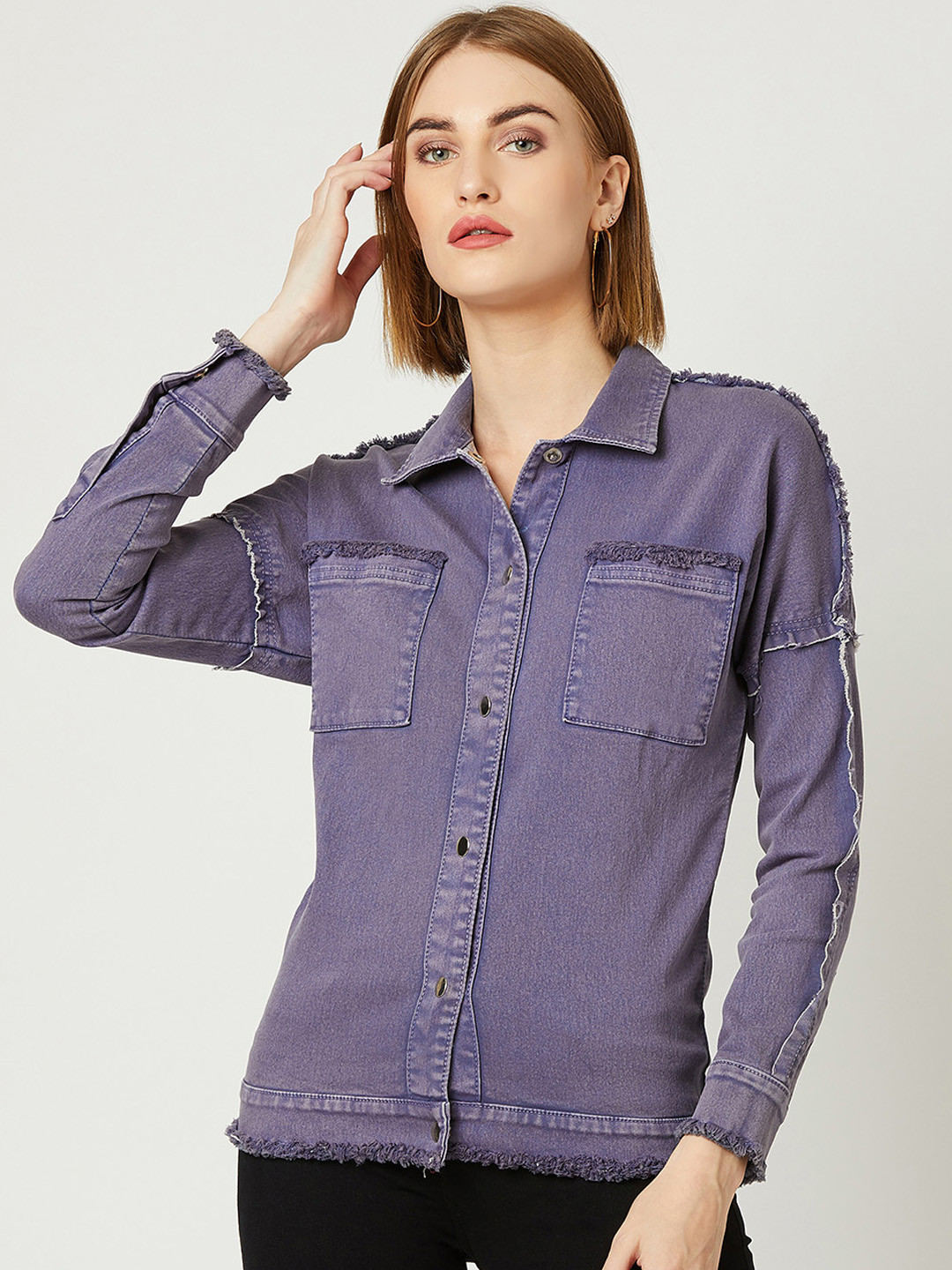 Miss Chase Women Lavender Solid Denim Jacket Jacket
